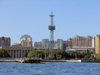 Baku, Azerbaijan: view from the sea - Carpets museum and clock derrick - Neftchilar avenue - photo by N.Mahmudova