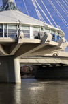 Winnipeg, Manitoba, Canada: Esplanade Riel bridge - Salisbury House restaurant - views over the intersection of the Red and Assiniboine Rivers - photo by M.Torres