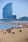 Barcelona, Catalonia: Barceloneta and Sant Sebasti beaches - W Barcelona, known as the Hotel Vela, architect Ricardo Bofill - photo by M.Torres