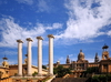 Barcelona, Catalonia: Montjuc hill - Four Ionic columns and Palau Nacional flanked by Palau d'Alfons XIII and Palau de la Reina Victria Eugni- photo by M.Torres