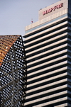 Barcelona, Catalonia: Mapfre tower and El Peix d'Or sculpture, Carrer de la Marina, Port Olmpic, Playa del Somorrostro - photo by M.Torres