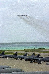 Diego Garcia, Chagos islands: an US Air Force B-52 bomber from the 28th Air Expeditionary Wing takes off for a combat mission in the Middle East - B-1B Lancer bombers on the tarmac - aircraft - photo by USAF / Staff Sgt. Shane