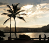 Puerto Plata, Dominican republic: couple and coconut tree - silhouettes at sunset - harbour view - La Novia Del Atlantico - photo by M.Torres