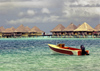 French Polynesia - Bora-Bora / Pora-Pora / BOB (Society islands, iles sous le vent):  Matira Point - boat and  overwater bungalows  (photo by A.Walkinshaw)