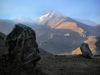 Georgia - Mt Kazbek and stone statues of Georgian poets, on the Georgian Military Highway - Transcaucasia (photo by Austin Kilroy)