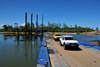 RN5, Ambodibonara, Atsinanana region, Toamasina Province, Madagascar: floating bridge over the River Onibe - Nissan pick-up truck - Camusat Madagascar - photo by M.Torres