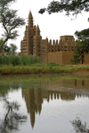 Bandiagara Escarpment area, Dogon country, Mopti region, Mali: Mosque reflected in a pond - mud architecture - photo by J.Pemberton