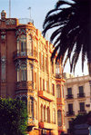 Melilla, Spain: balcony at dawn - architect Enrique Nieto y Nieto / balcon - Arquitectura modernista - Avenida Juan Carlos, 1, ex-Avenida del Generalisimo - photo by M.Torres