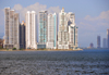 Panama City / Ciudad de Panama: Punta Pacifica skyline from las las Bovedas - skyscrapers and Panama bay - Torre Aqualina on the left, architect Fajardo Moreno - Bahia Pacifica 2nd right, architect George Moreno - location of the new Trump tower - photo by M.Torres