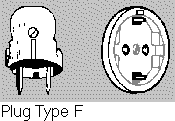 Plug F - Schuko type with two earth connectors on the sides - CEE 7/4 - Schuko type -  two round pins of 4.8 mm diameter -19 mm long, centers 19 mm apart - DIN 49440 and DIN 49441