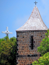 Lorient, St. Barts / Saint-Barthlemy: cross and the historical Swedish bell tower - Clocher de l' glise - photo by M.Torres