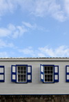 Basseterre, Saint Kitts island, Saint Kitts and Nevis: Caribbean architecture - windows with flat panel shutters - photo by M.Torres