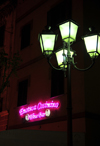 Olbia / Terranoa / Tarranoa, Olbia-Tempio province, Sardinia / Sardegna / Sardigna: Piazza Margherita at night - street lamp and Enoteca Cosimino, wine bar - photo by M.Torres