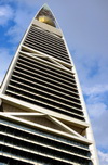 Riyadh, Saudi Arabia: looking up at Al Faisaliyah Centre, the first skyscraper built in Saudi Arabia - designed by architect Norman Foster, Olaya district - photo by M.Torres