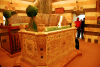 Damascus, Syria: Saladin's Mausoleum - tombs - original wooden cenotaph (left) and white marble coffin gift from Kaiser Wilhelm II - photographer: M.Torres