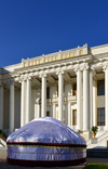 Dushanbe, Tajikistan: quintessential Central Asia, yurt tent and Soviet building - the Opera House, Ayni Opera and Ballet Theatre - photo by M.Torres