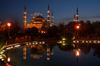 Istanbul, Turkey: the Blue mosque at night - aka Sultan Ahmed Mosque - designed by Sedefhar Mehmet Aga- design by Sedefhar Mehmet Aga, based on the Hagia Sophia church - photo by J.Wreford