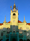 Mukachevo, Transcarpathia / Zakarpattia, Ukraine: town hall - clock tower - photo by J.Kaman