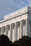 Washington, D.C., USA: Lincoln Memorial - Doric columns of the peristyle - in the frieze, are the state names, separated by double wreath - the cornice shows a scroll interspersed with lions' heads and ornamented with palmetto cresting - National Mall - photo by C.Lovell