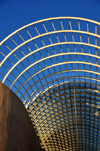 Denver, Colorado, USA: Denver Performing Arts Complex - exposed metal beams - vaulted entrace of 'The Plex' - industrial style architecture by Kevin Roche - Speer and Arapahoe Streets - photo by M.Torres