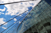 Kansas City, Missouri, USA: Kauffman Center for the Performing Arts - front elevation in glass, revealing the interior - cables and  glass tent-like structure - photo by M.Torres