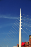 Baltimore, Maryland, USA: suspension pedestrian bridge over Dugan's Wharf - detail of the cable-stayed bridge - architects Wheelock Associates with Cambridge Seven Associates - photo by M.Torres